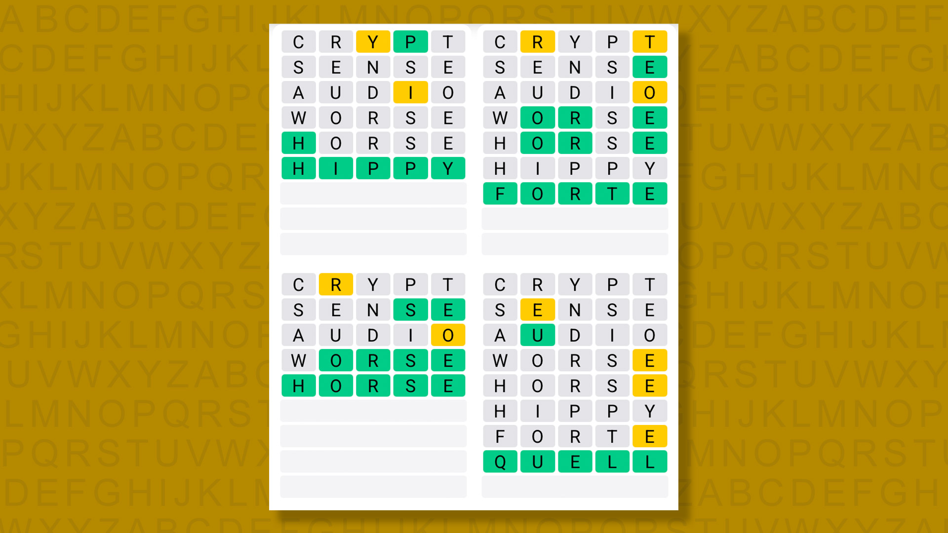 Quordle answers for game 1576 on a yellow background