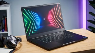 The Razer Blade 17 (2022) viewed from a side angle on a desk