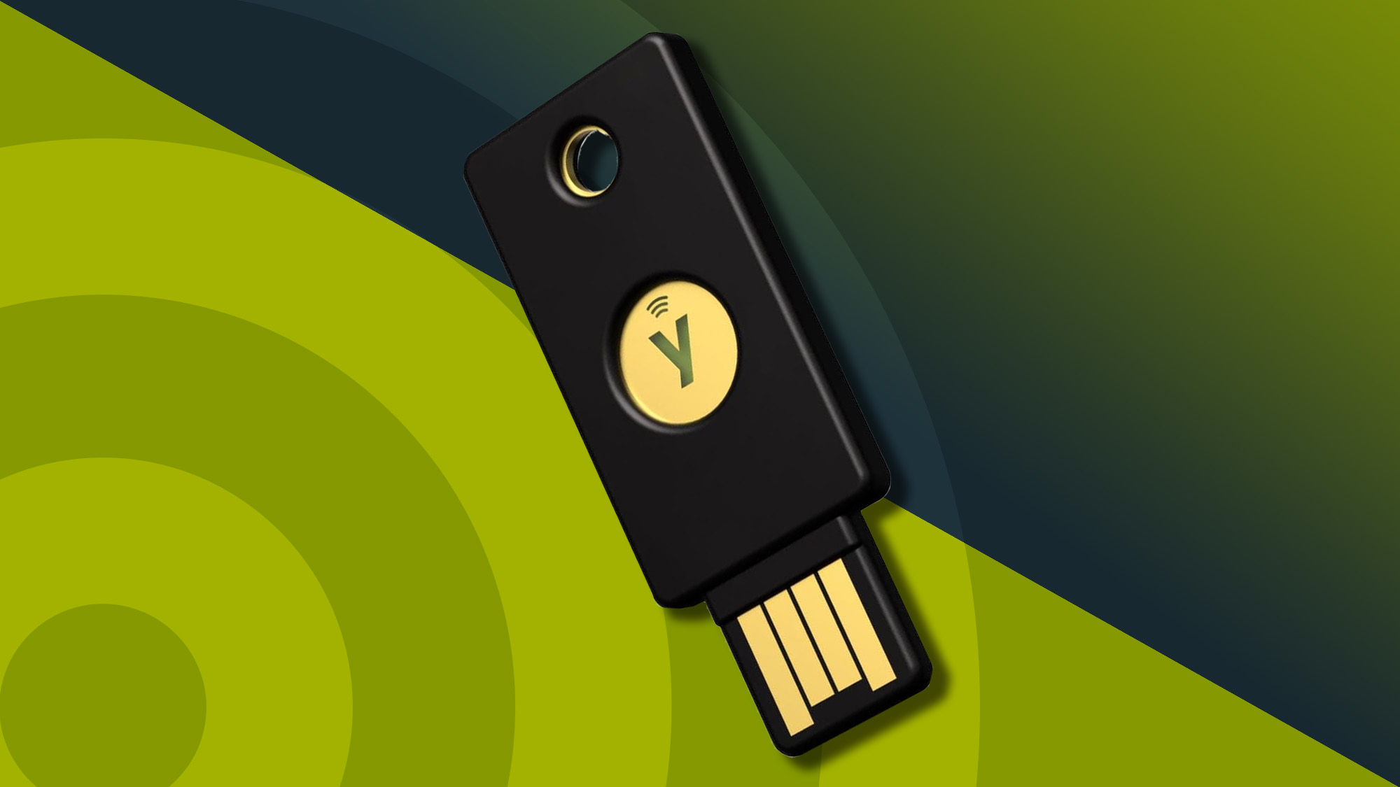 A Yubico YubiKey 5 NFC, the best security key of 2024, against a techradar background