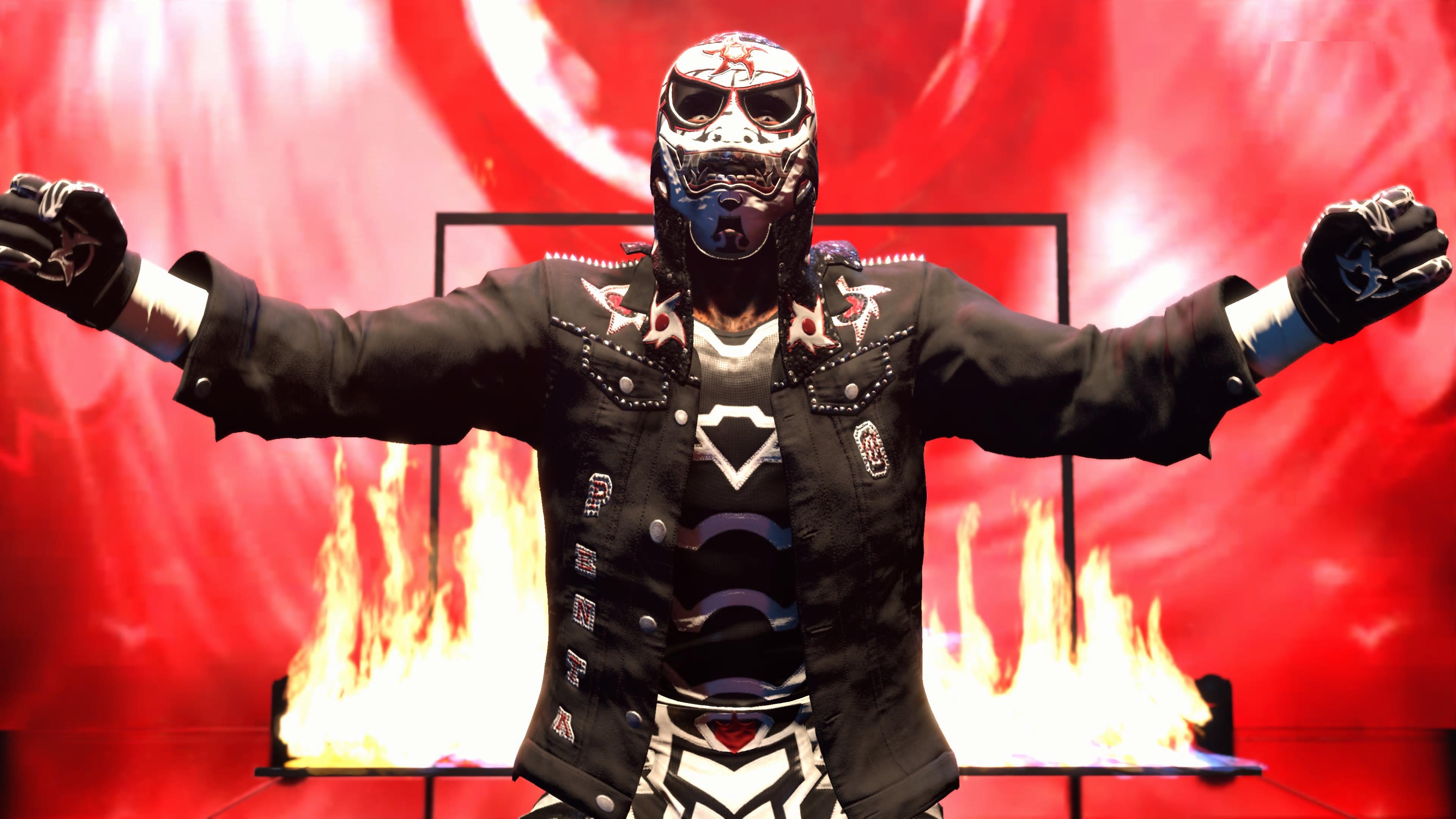 In-game screenshots from wrestling game WWE 2K26, showing wrestlers in the ring, making entrances, and the arena