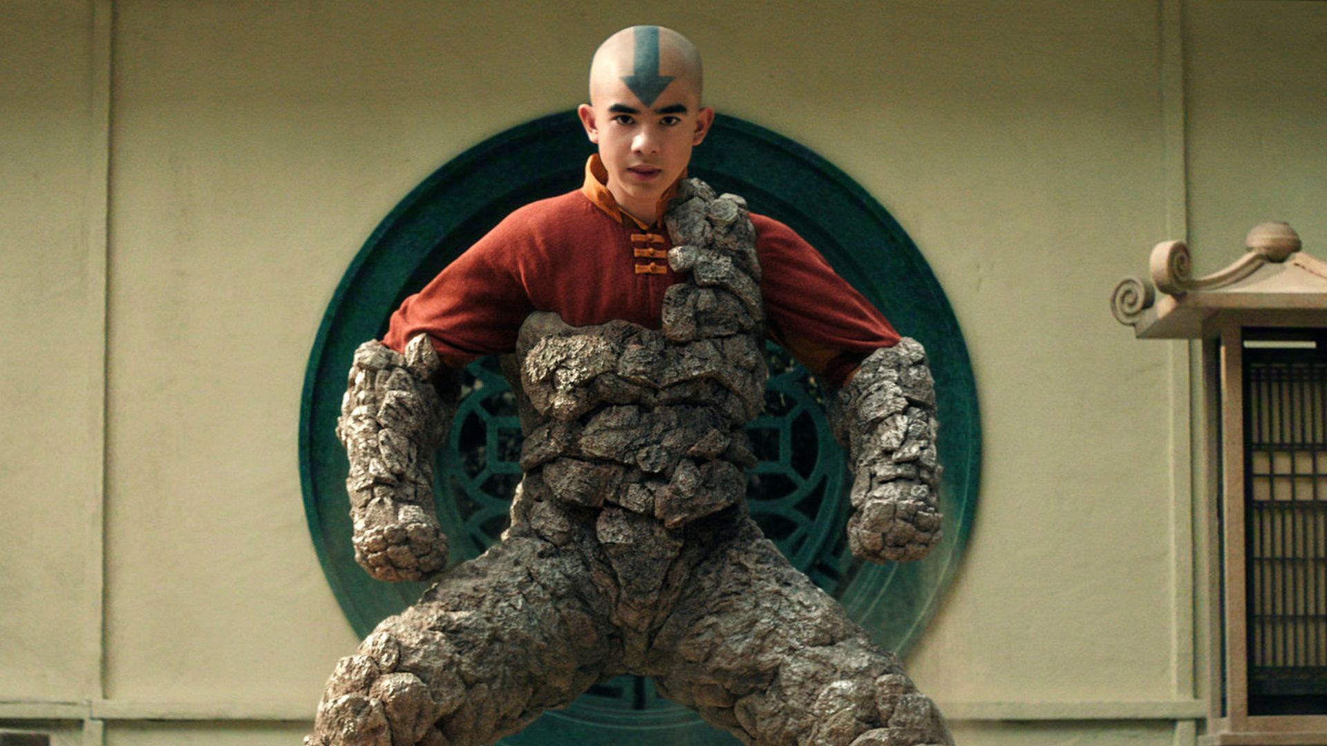 Aang covered in an Earth suit