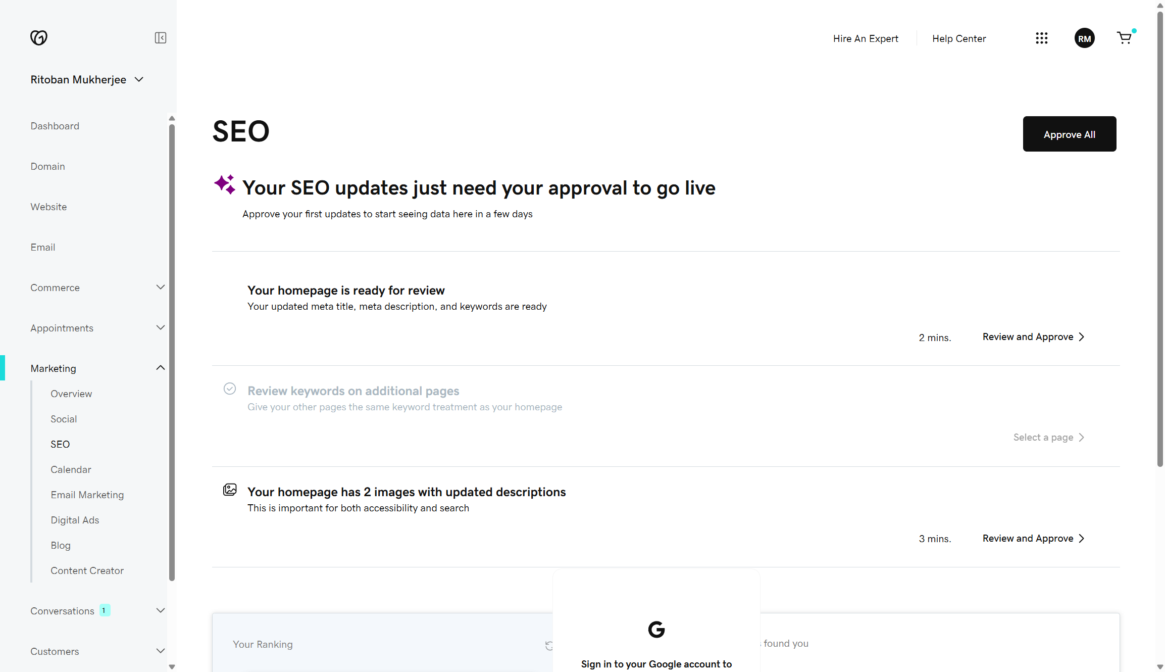 Screenshot of GoDaddy website builder's SEO tool page, it offers suggestions for improving the search engine rankings of the website.