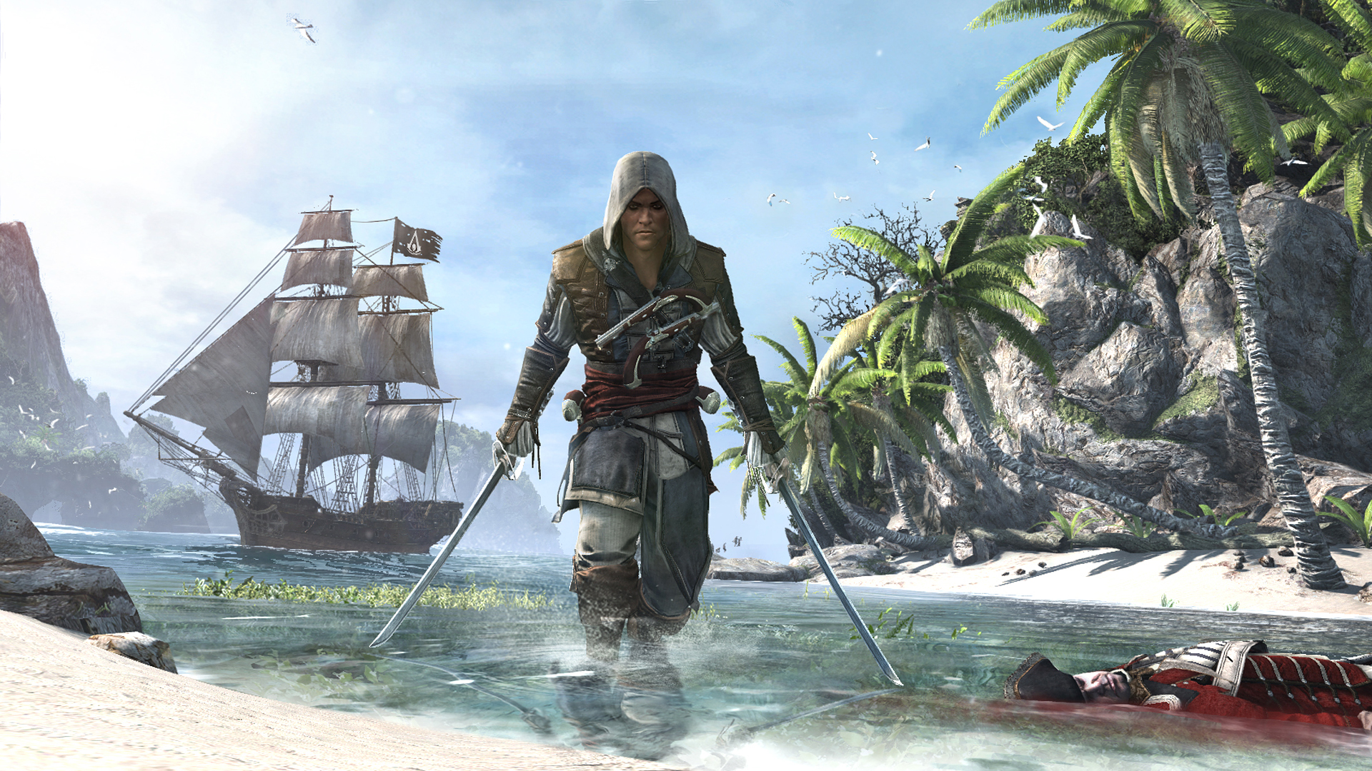 Assassin's Creed IV Black Flag's Edward Kenway walking on a beach with two swords and a pirate ship in the background.