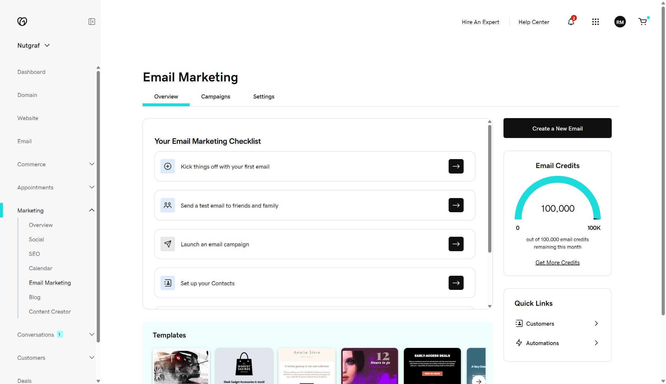 Screenshot of GoDaddy's email marketing dashboard, it provides a checklist to help get you started.