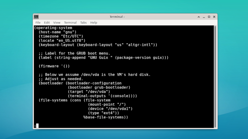 screenshot of the guix config file