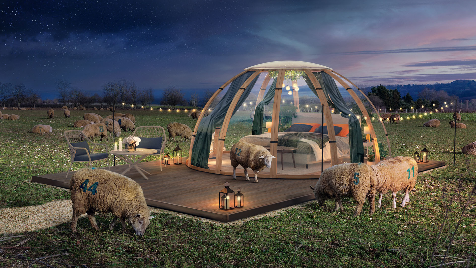 Artist's rendering of numbered sheep in a field surrounding a sleep pod