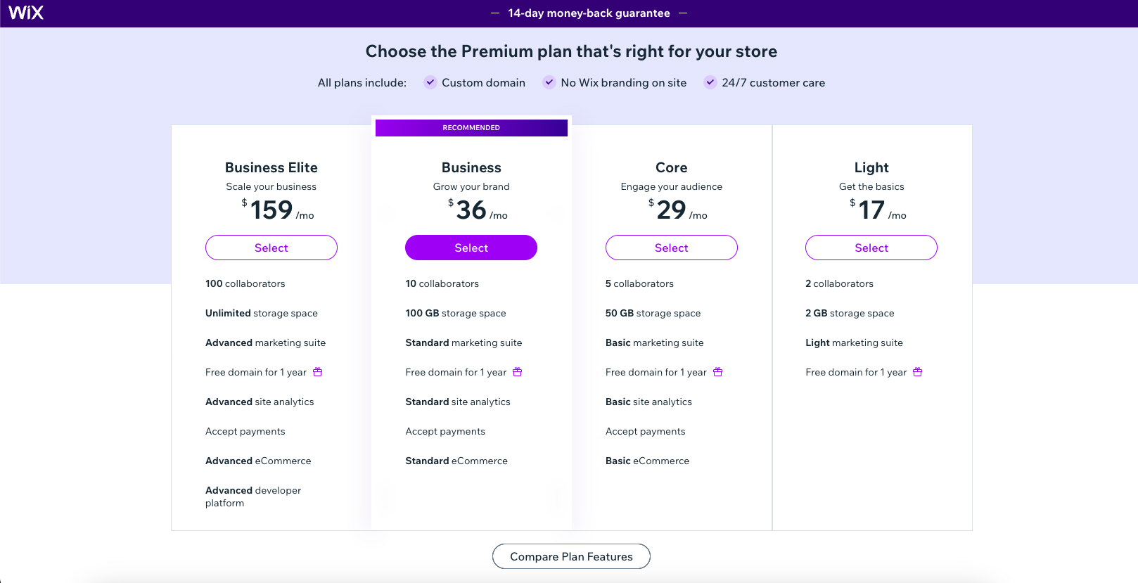 screenshot of Wix checkout process