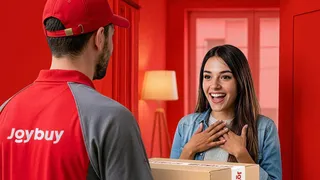 A Joybuy employee delivers a package to an excited customer