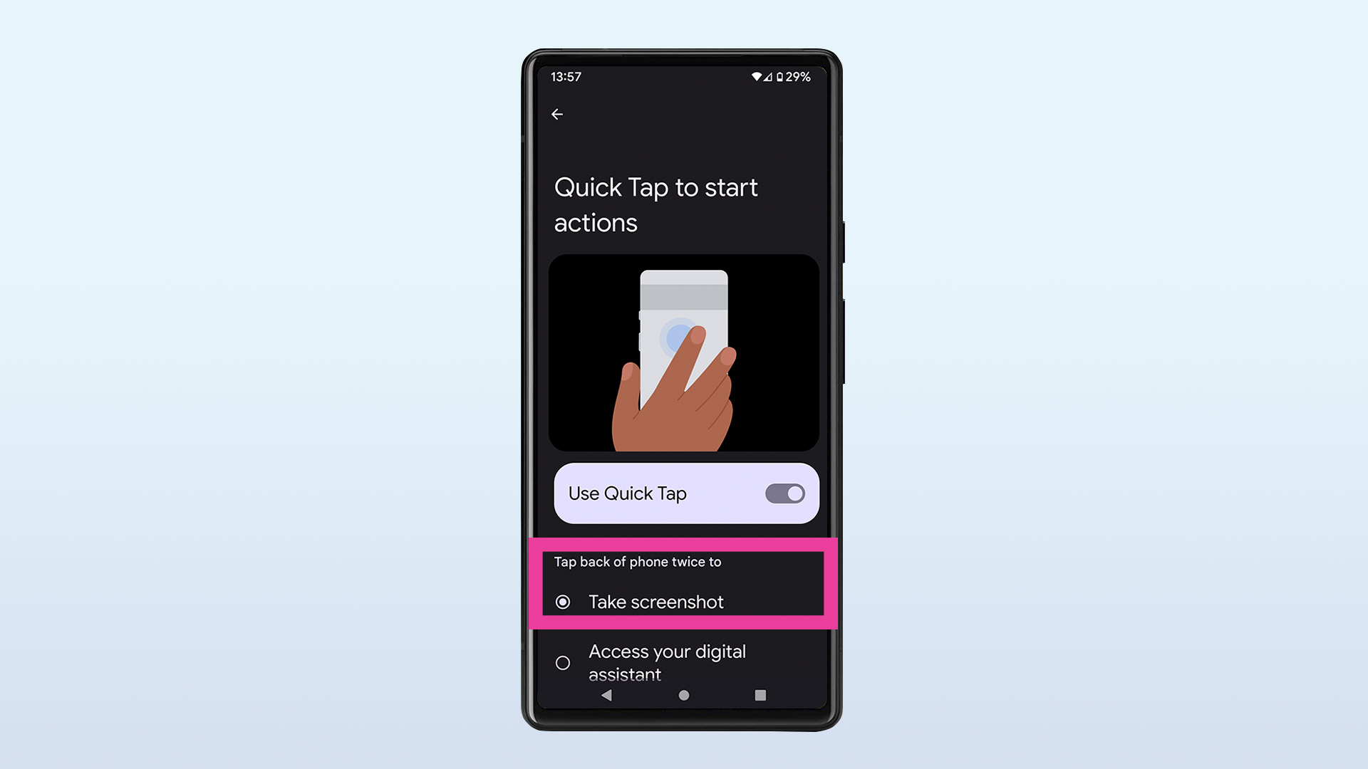 Screenshot of a Google Pixel 6 on a blue background, showing the quick tap settings