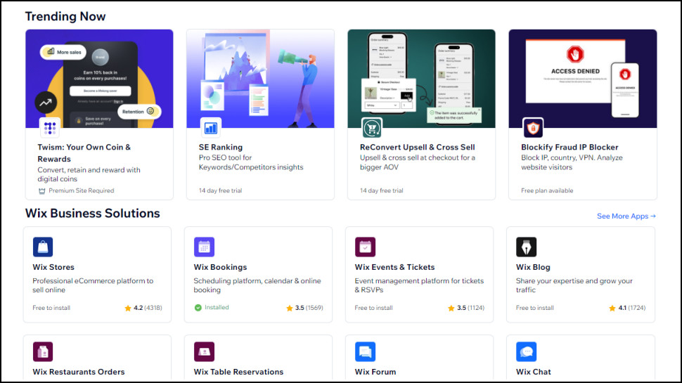 screenshot of Wix app market page