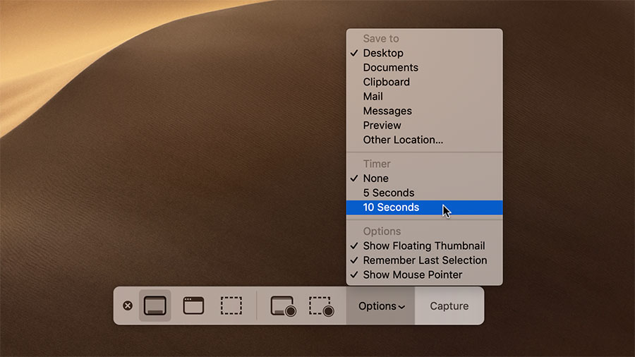 macOS Mojave&amp;rsquo;s Screenshots toolbar.
