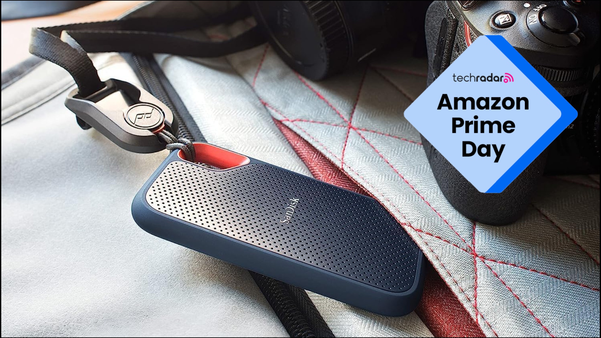 SanDisk Extreme Portable SSD attached to a camera strap, alongside a Nikon camera