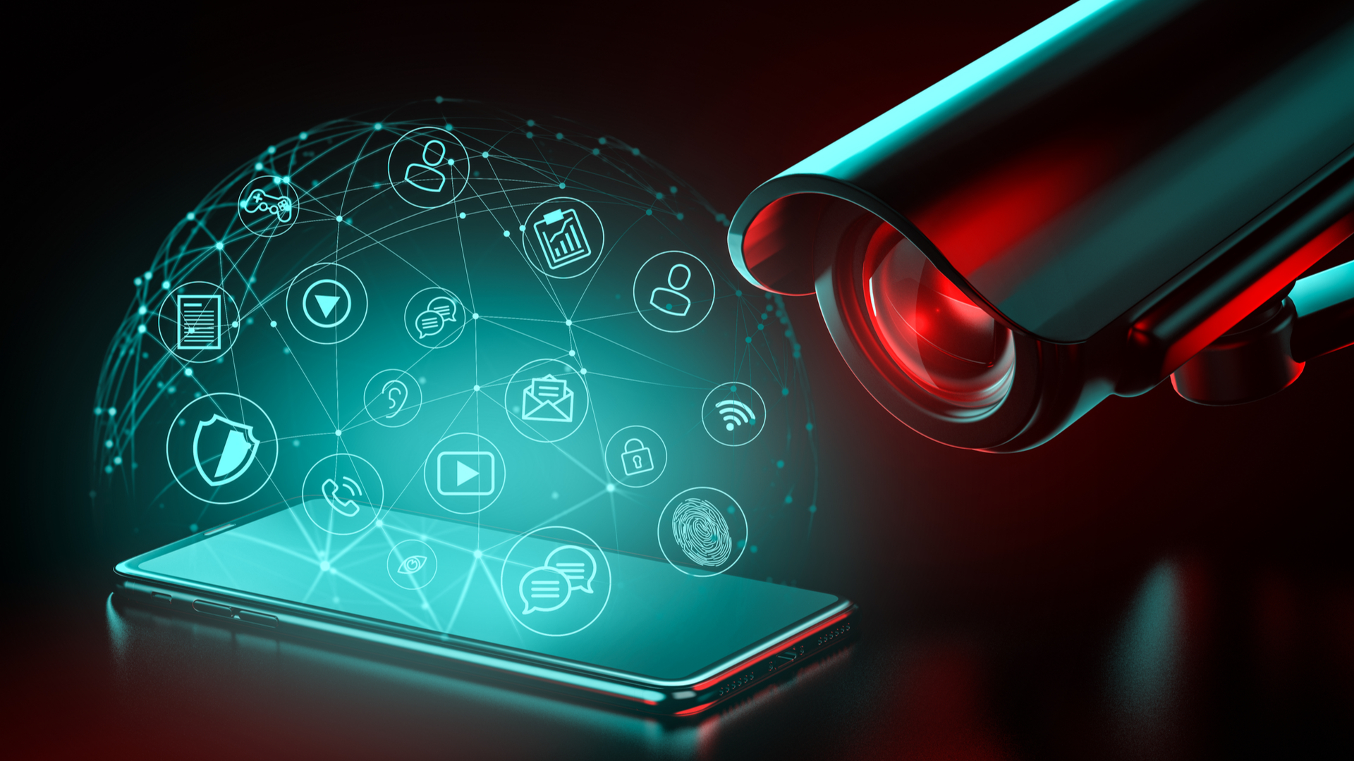 Big CCTV focusing on a smartphone and icons hovering above it
