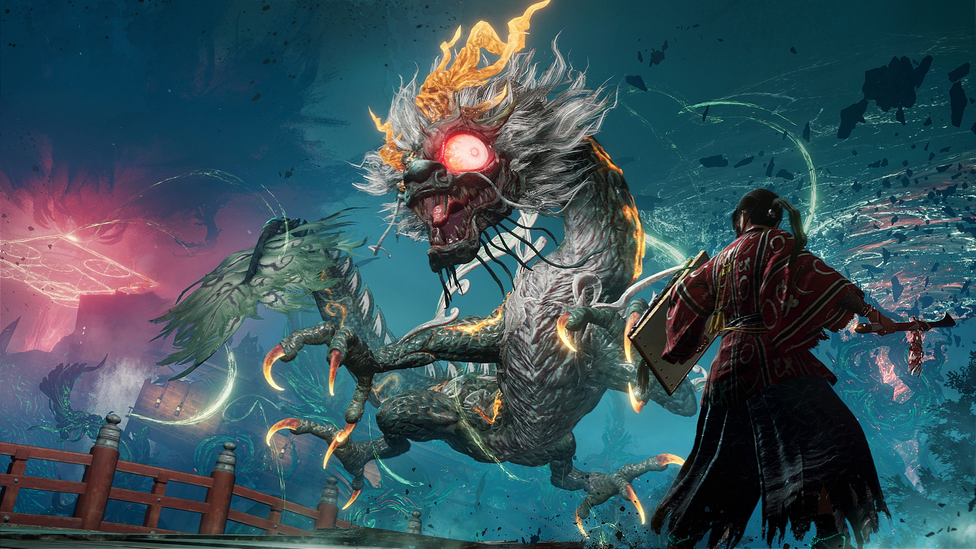 A Nioh 3: Hell Rising screenshot showing the protagonist fighting a dragon with one huge red eye.