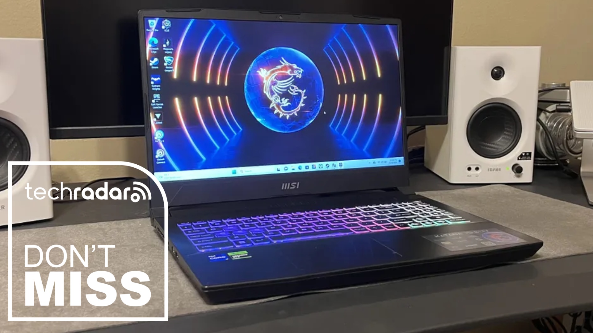 The MSI Katana 15 during our testing, next to a TechRadar badge in white that reads 'Don't Miss'