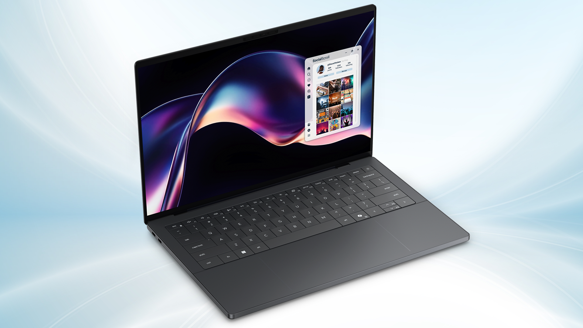 Dell XPS 14 shown from the front at an angle, showing keyboard and screen