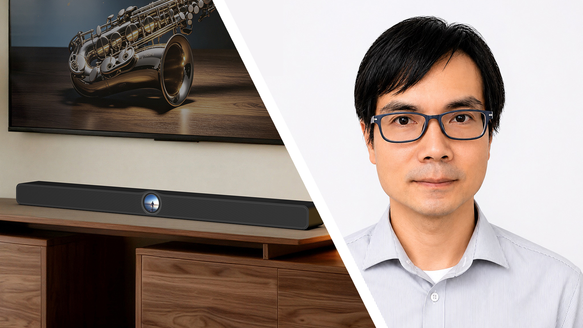 The WiiM Bar in a living room on the left, a headshot of Dr Lifeng Zhao, WiiM's CEO, on the right