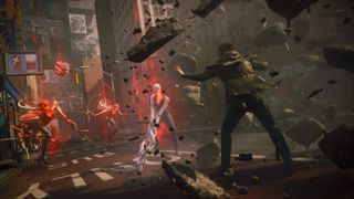 A screenshot from the game Control Resonant showing Dylan Faden, The Hiss, the warped streets of Manhattan, and active combat
