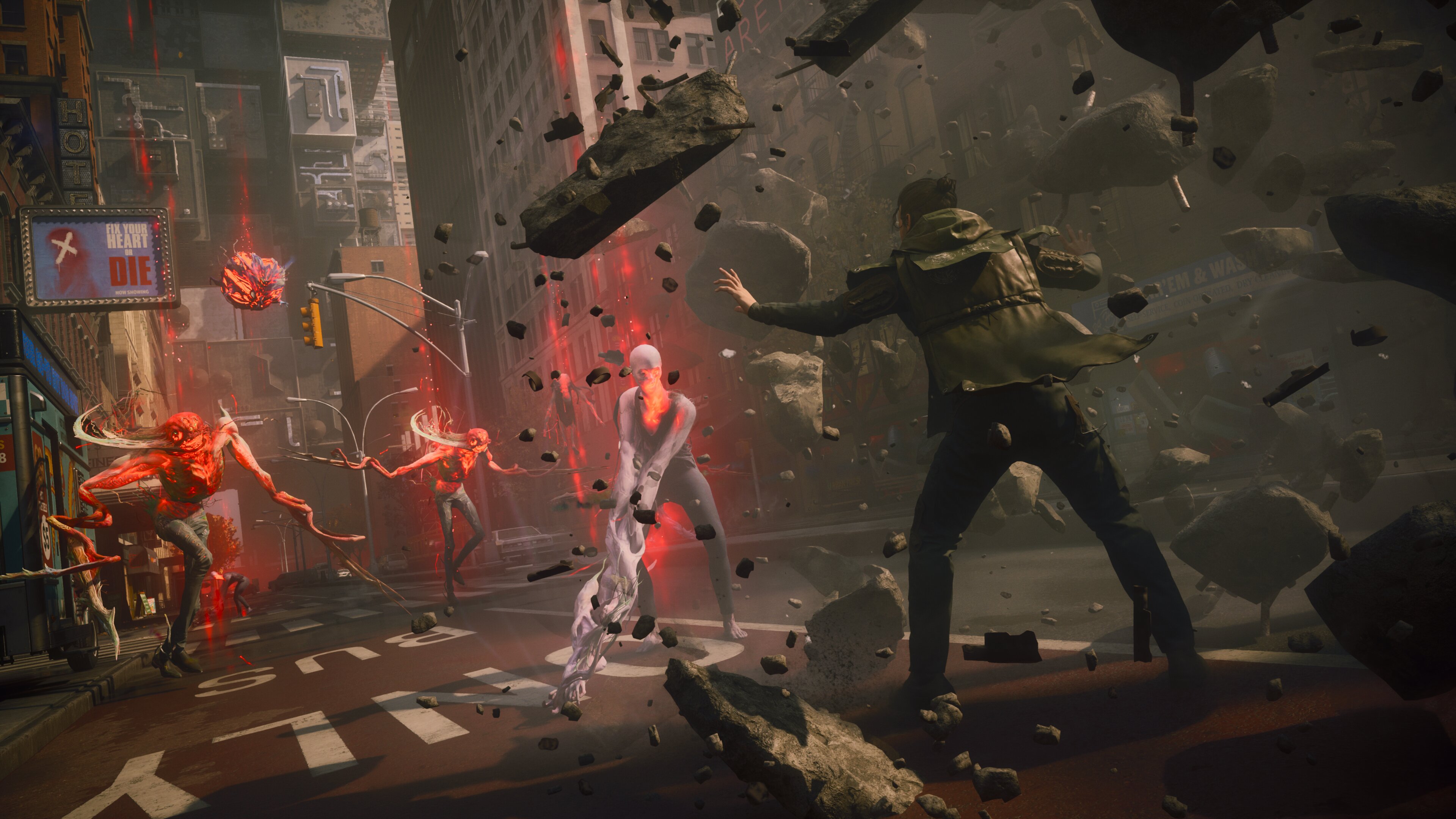A screenshot from the game Control Resonant showing Dylan Faden, The Hiss, the warped streets of Manhattan, and active combat