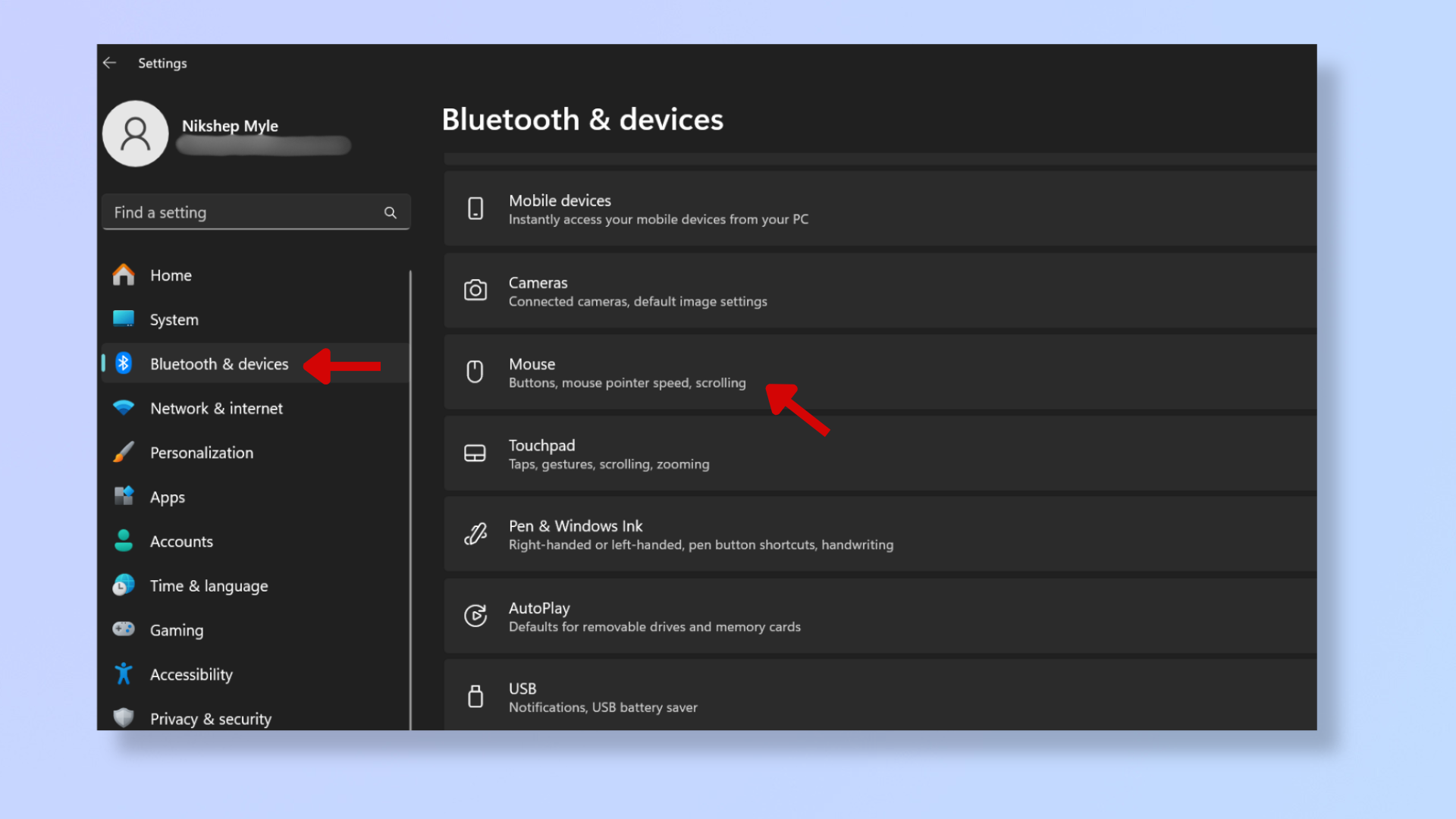 A screenshot of the Windows Settings, with red arrows pointing at Bluetooth &amp;amp; devices and Mouse. 