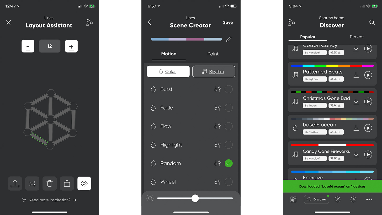 Screengrabs from the Nanoleaf Smarter Series app for Lines