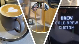 Split image of latte made using Breville coffee maker, Breville coffee maker dispensing espresso, and brew settings on Breville coffee maker