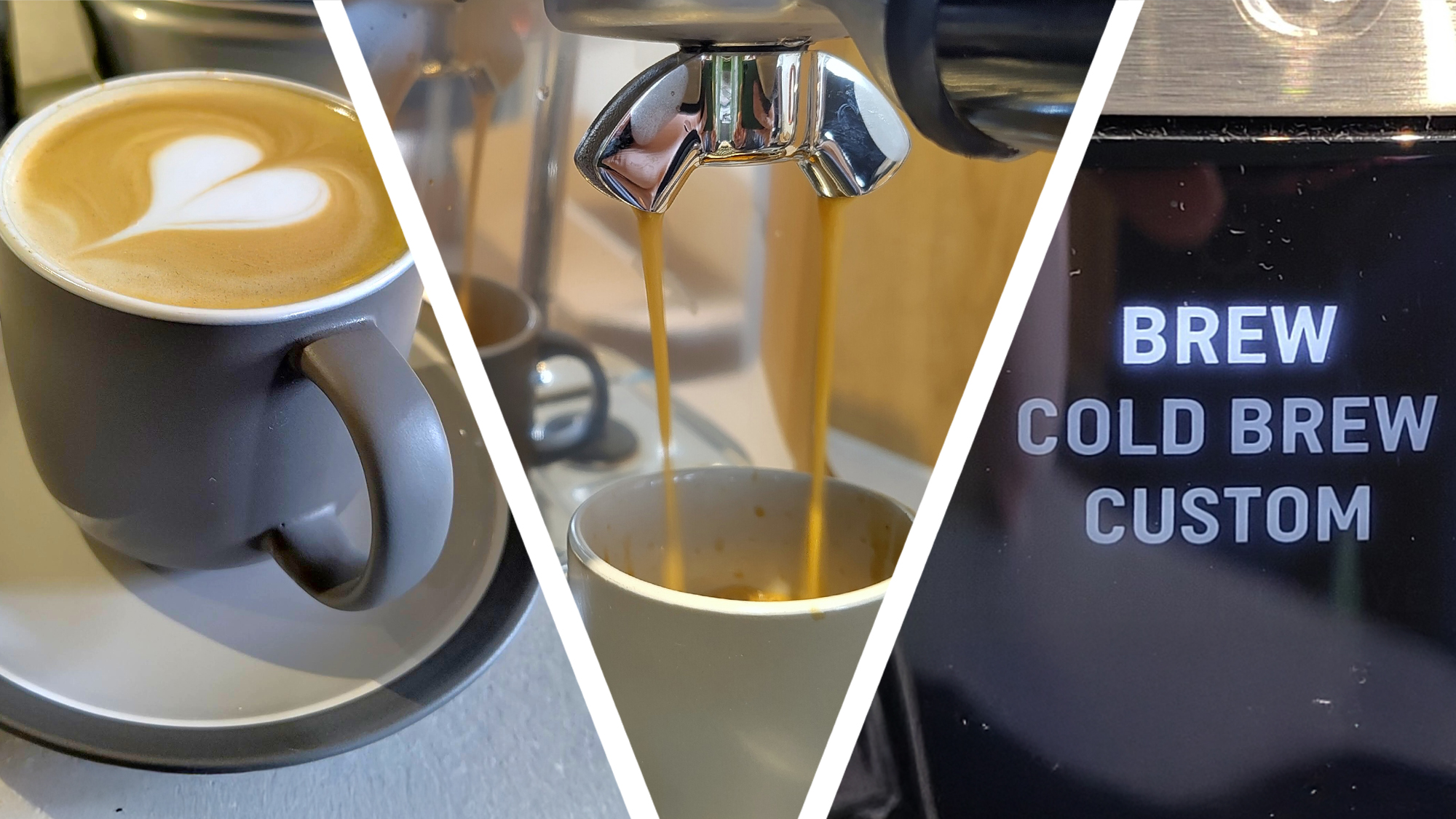 Split image of latte made using Breville coffee maker, Breville coffee maker dispensing espresso, and brew settings on Breville coffee maker