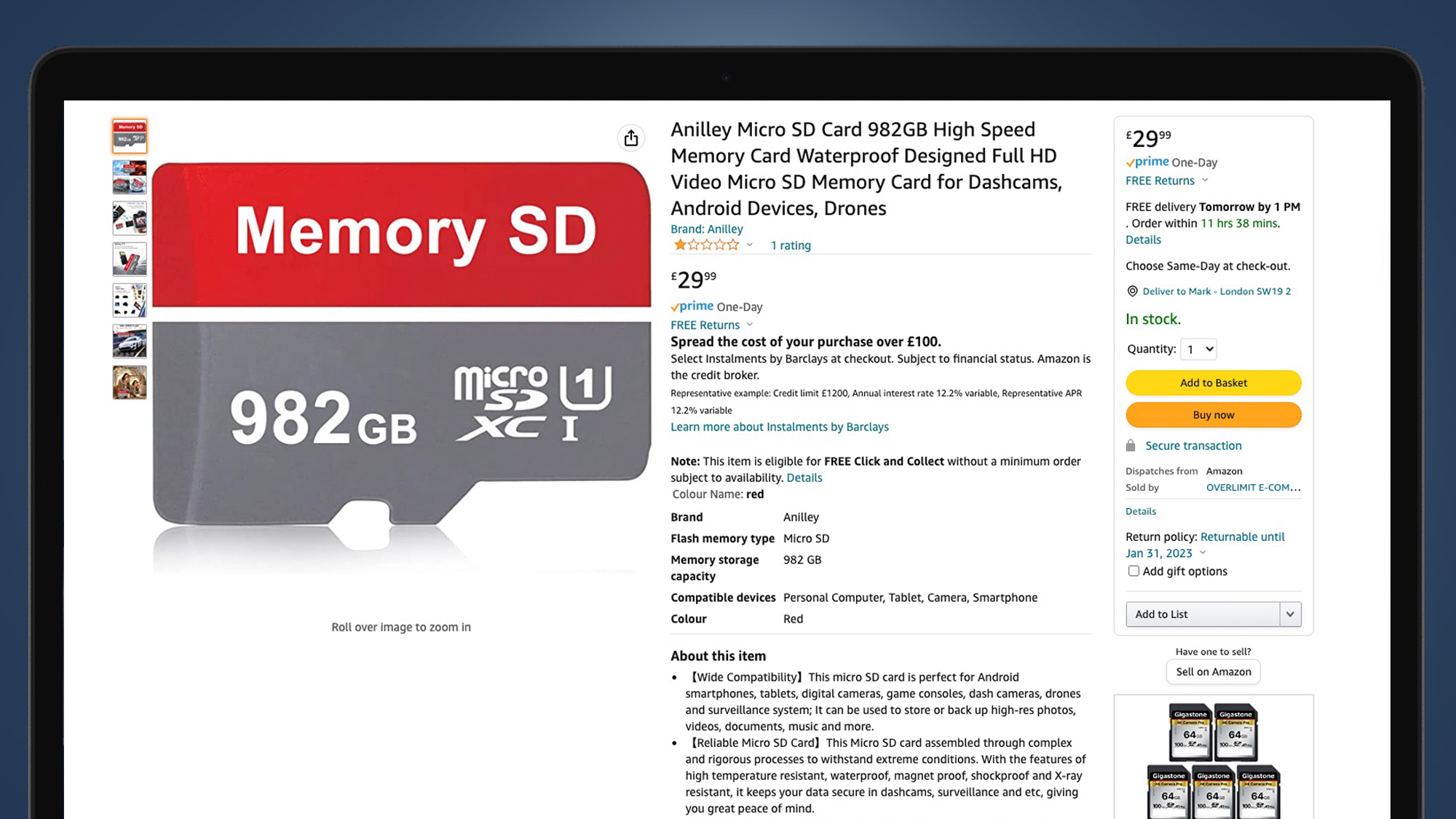 An Amazon listing for a microSD on a laptop screen