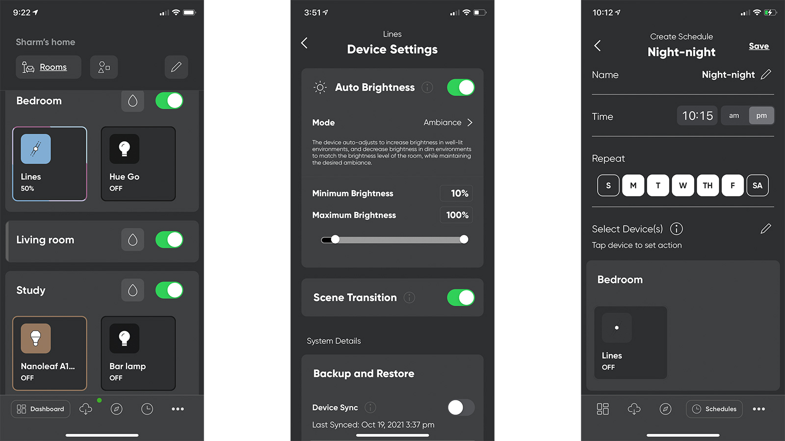 Screengrabs from the Nanoleaf Smarter Series app for Lines