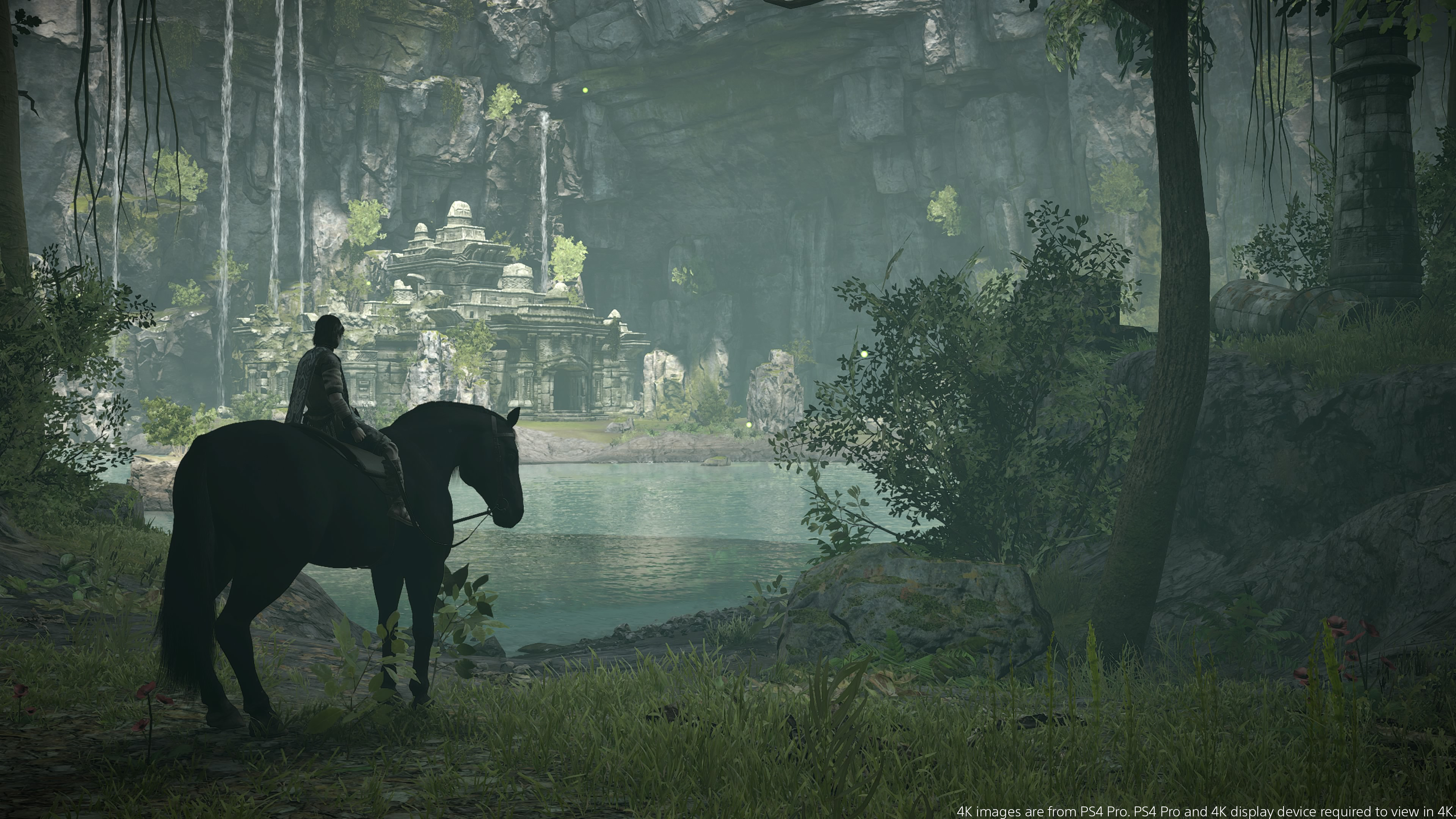 A hero approaches a lake while travelling on horseback
