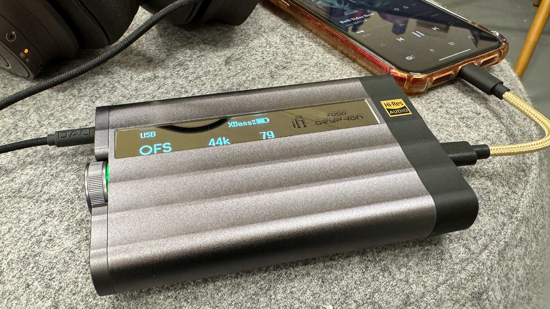 The iFi xDSD Gryphon on a stool