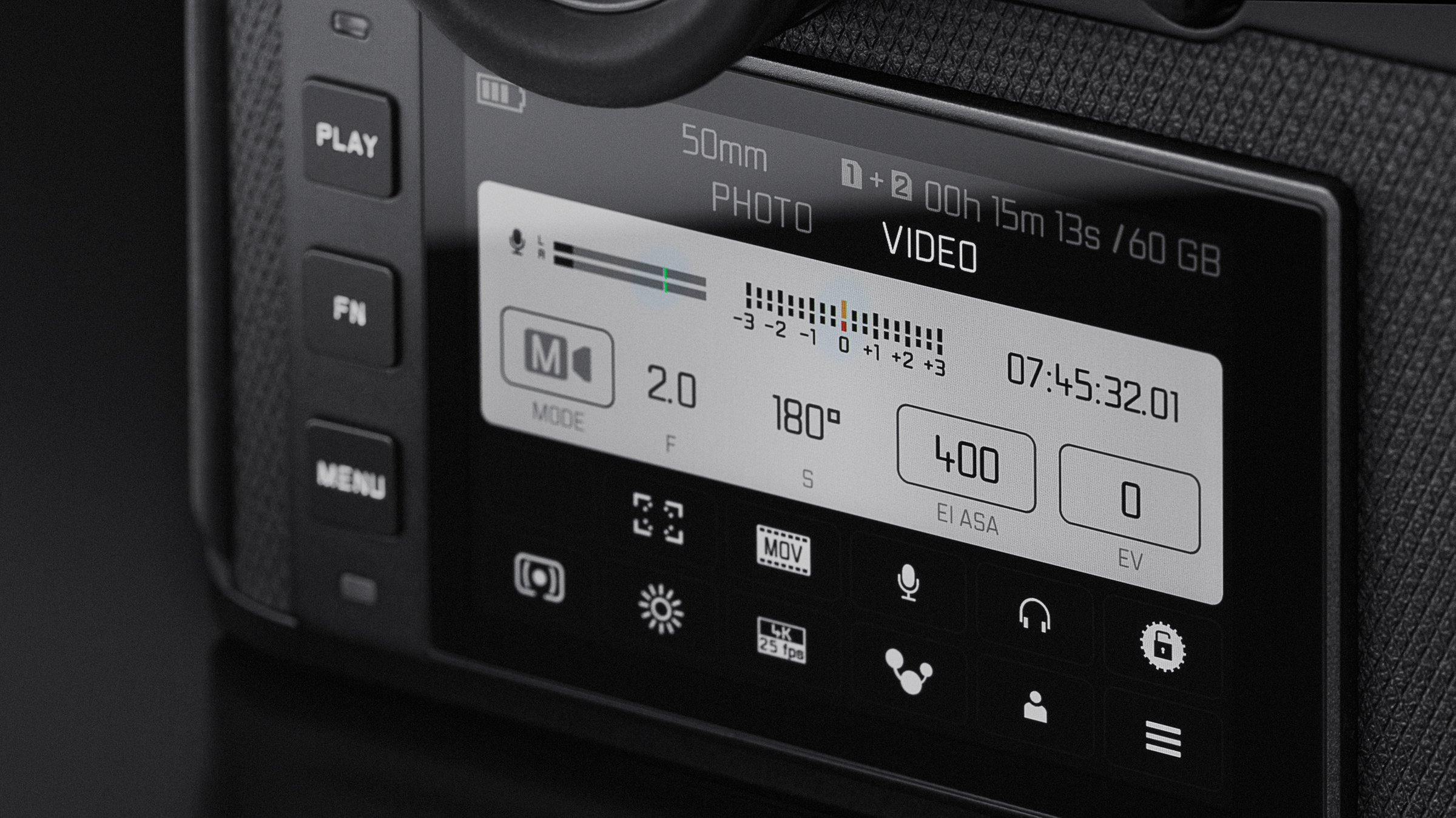 Main info/status display can be switched between&amp;nbsp; photo and video modes. The latter also has a Cine mode option which switches the key camera settings as shown here.