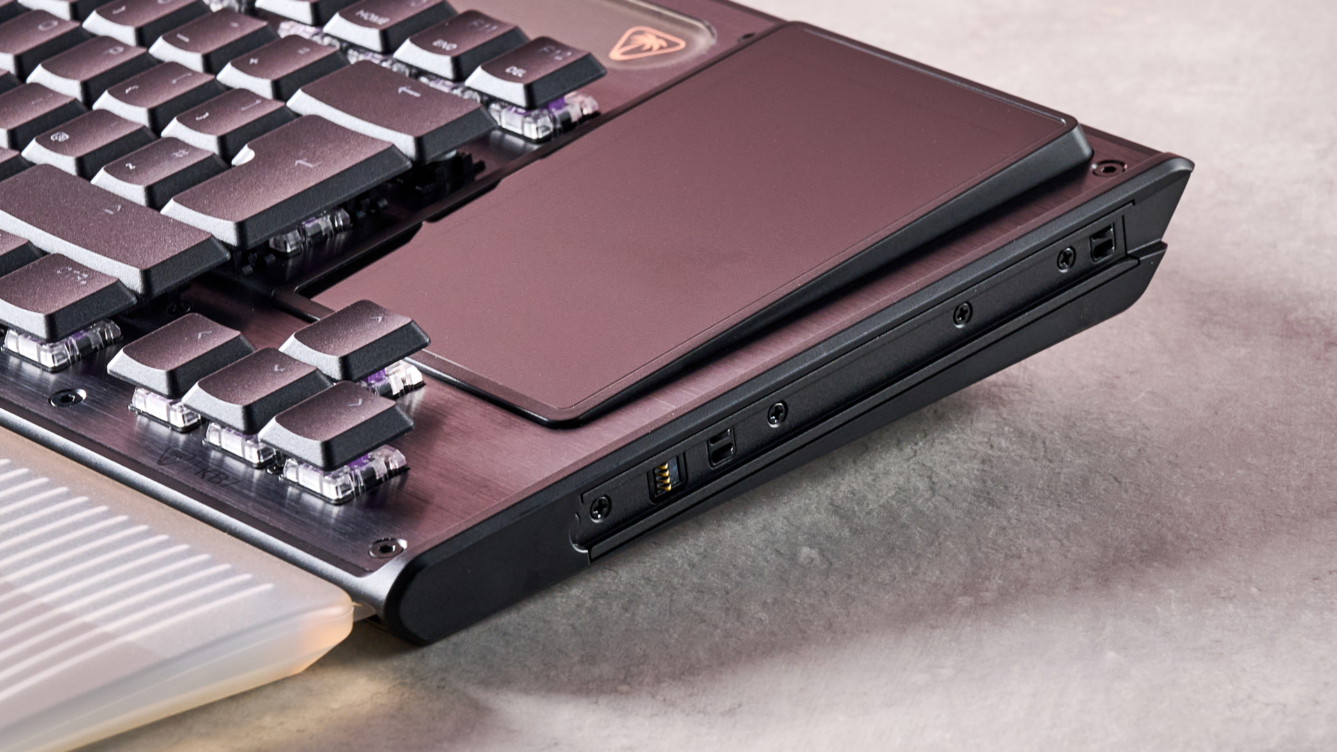 A closeup of the Turtle Beach Command Series KB7's built-in touchscreen.