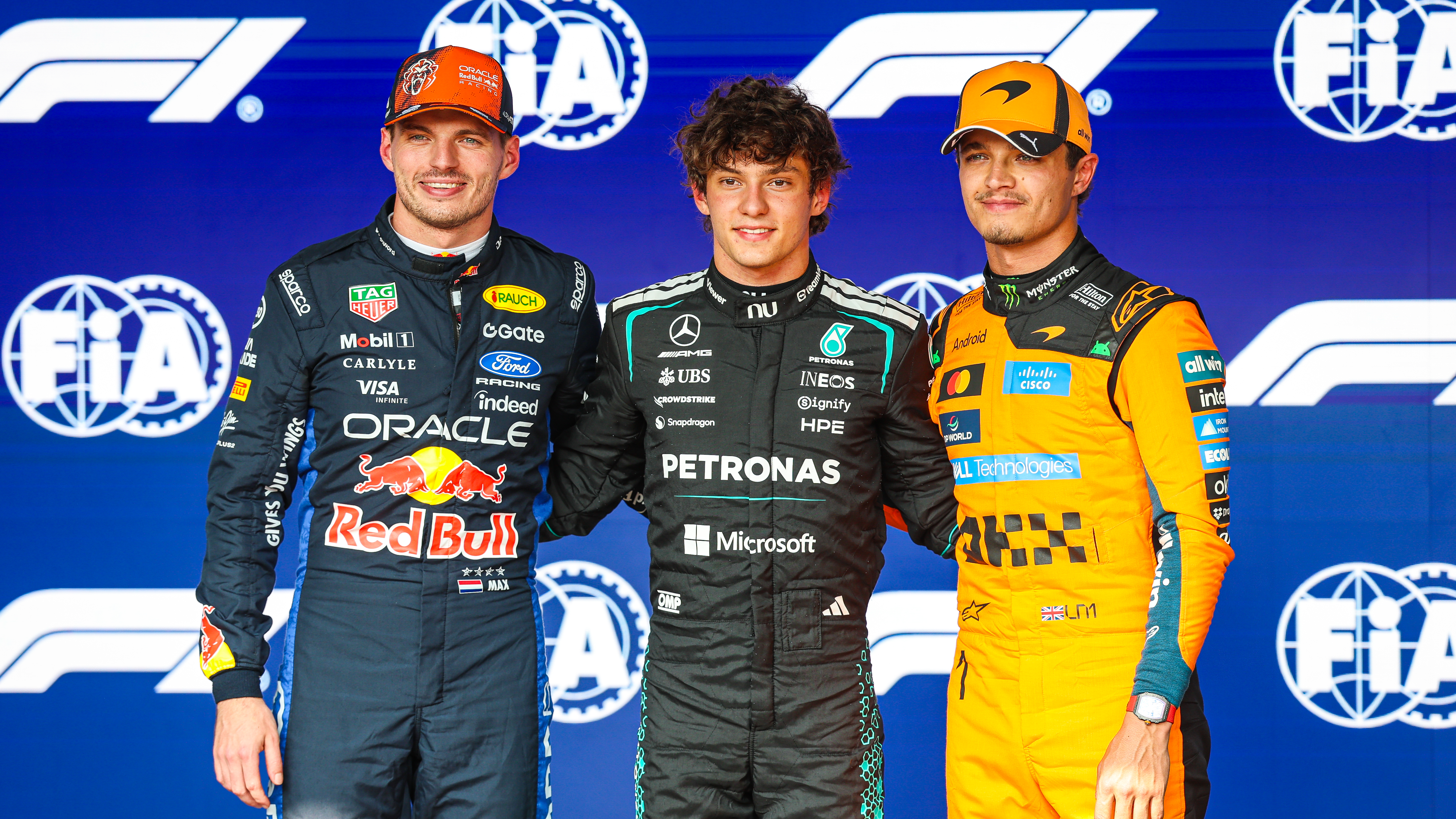The top three drivers, Andrea Kimi Antonelli, Max Verstappen and Lando Norris