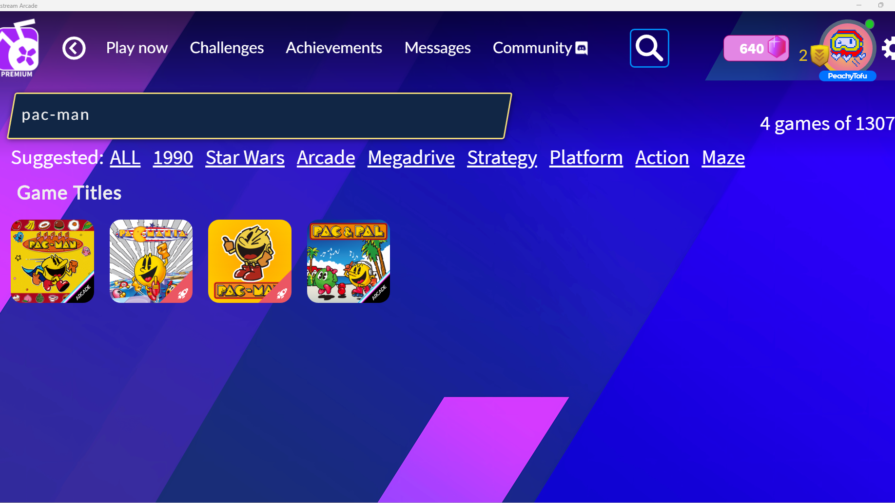 Searching for a game in Antstream Arcade.