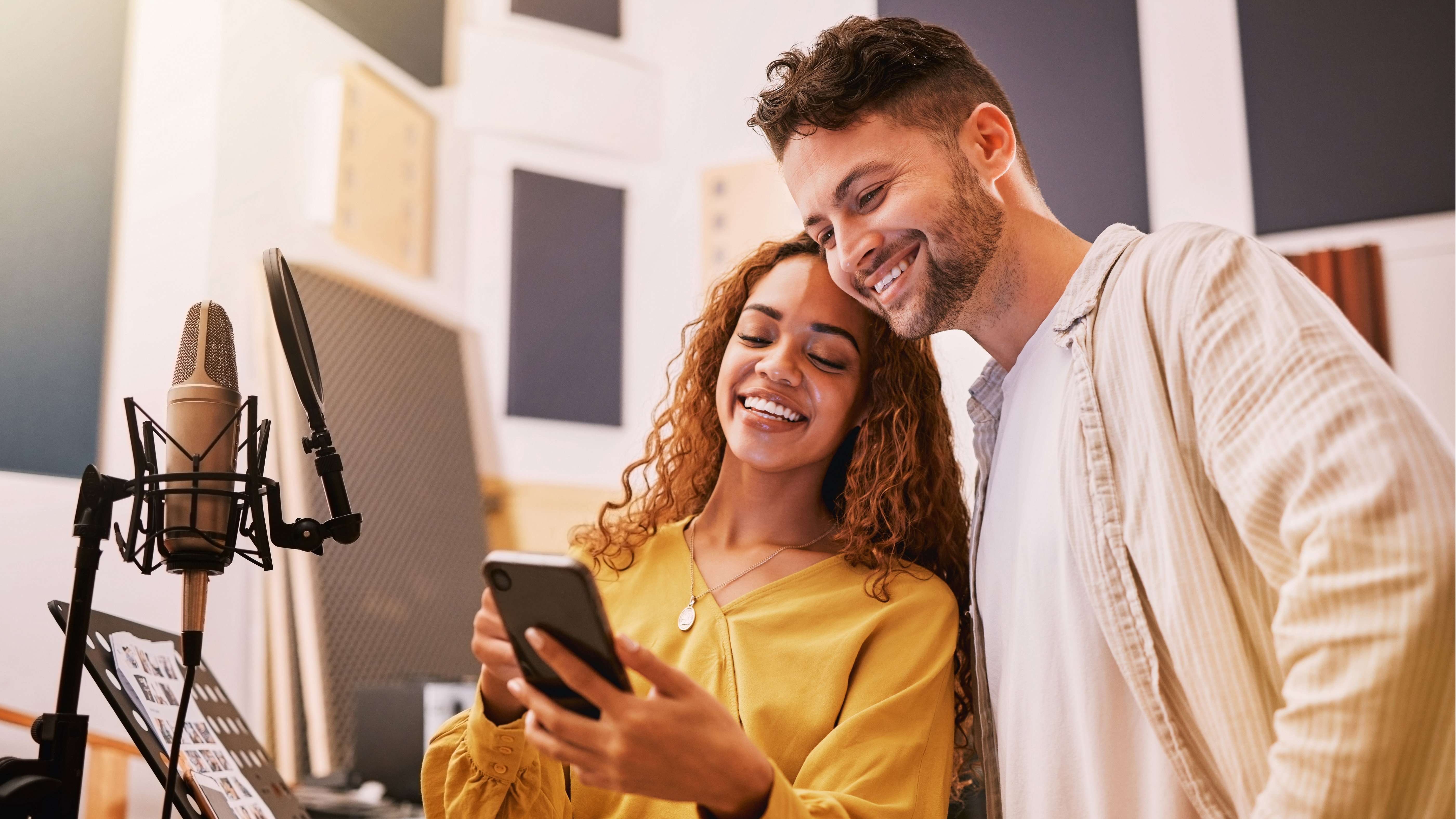 Man, woman or phone in recording studio for song lyrics, podcast ideas or album cover art in production booth.