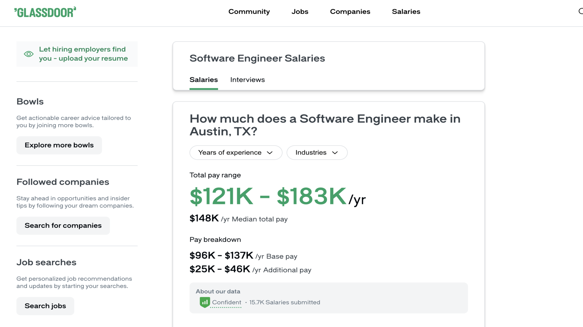 Sample salary data on Glassdoor