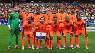 Players of Netherlands football team pose for a team picture before a FIFA World Cup 2026 match.
