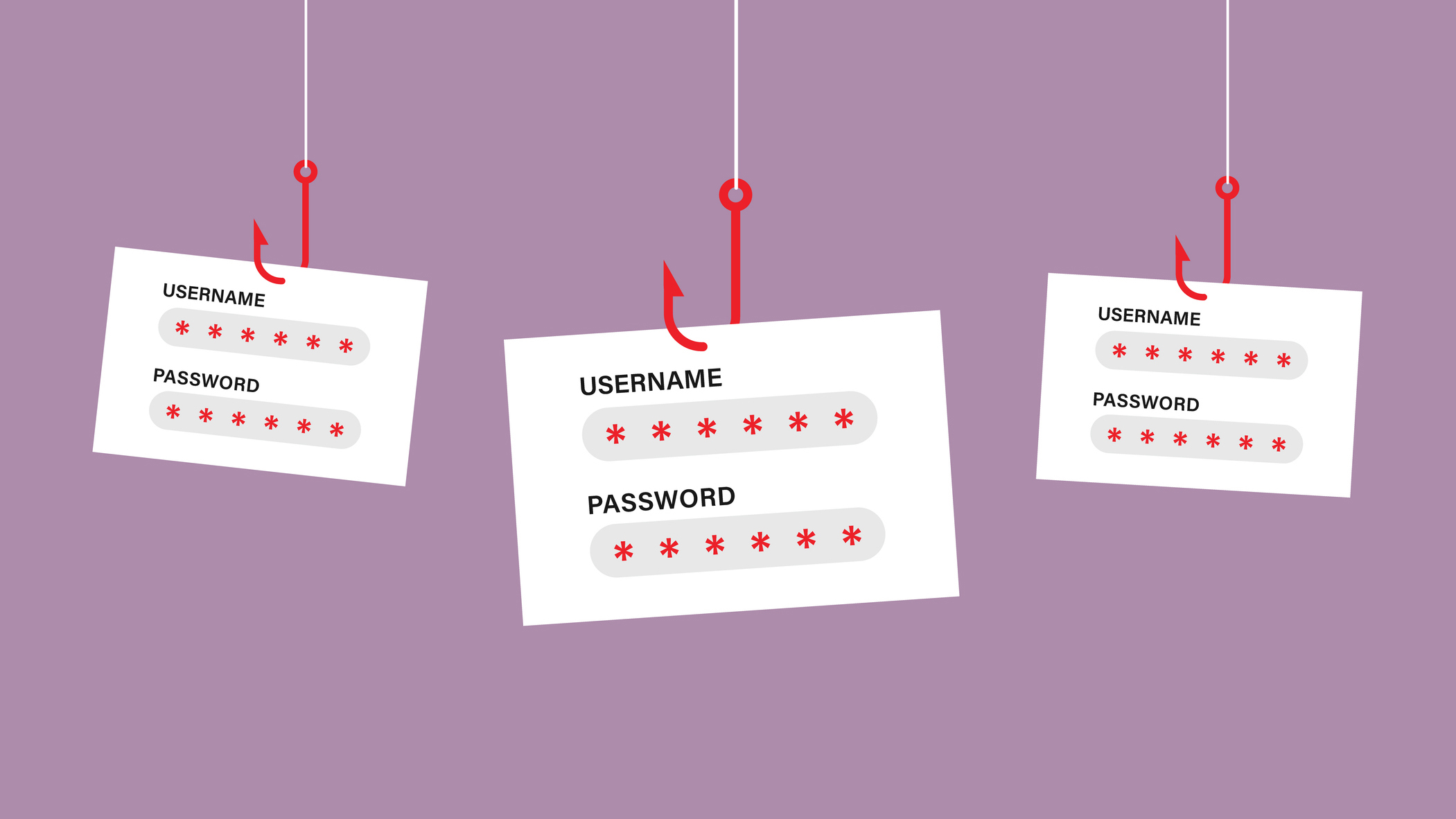 Login details caught on fish hooks, representing phishing scams