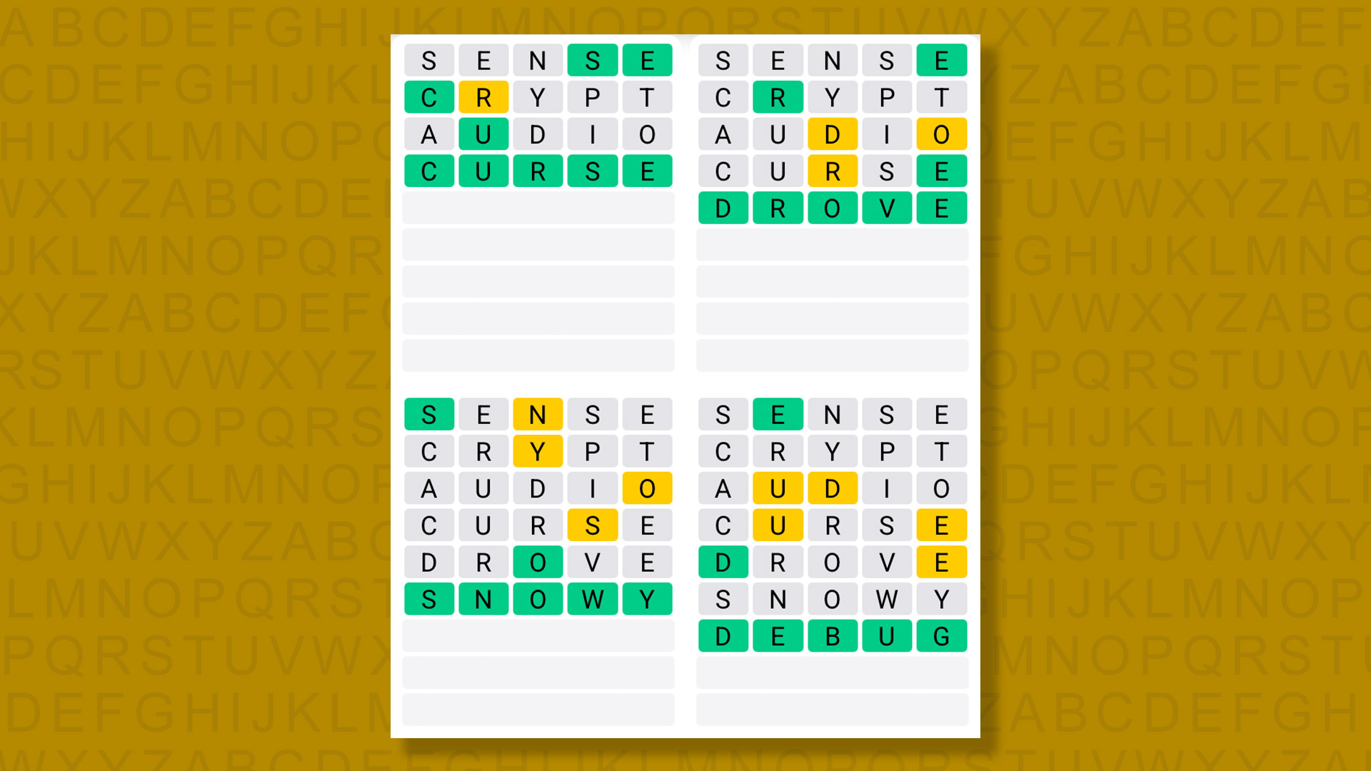 Quordle answers for game 1596 on a yellow background