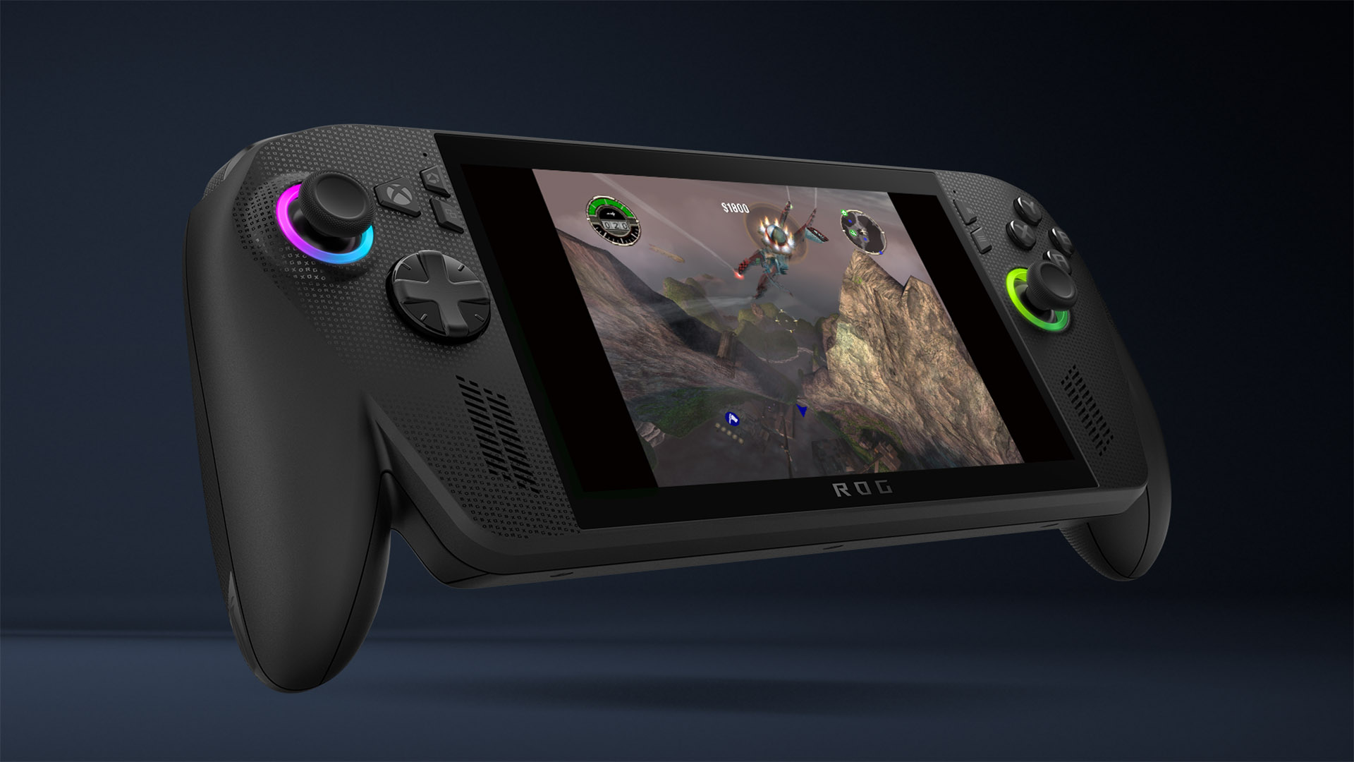 An Xbox Rog Ally handheld playing a classic Xbox game.