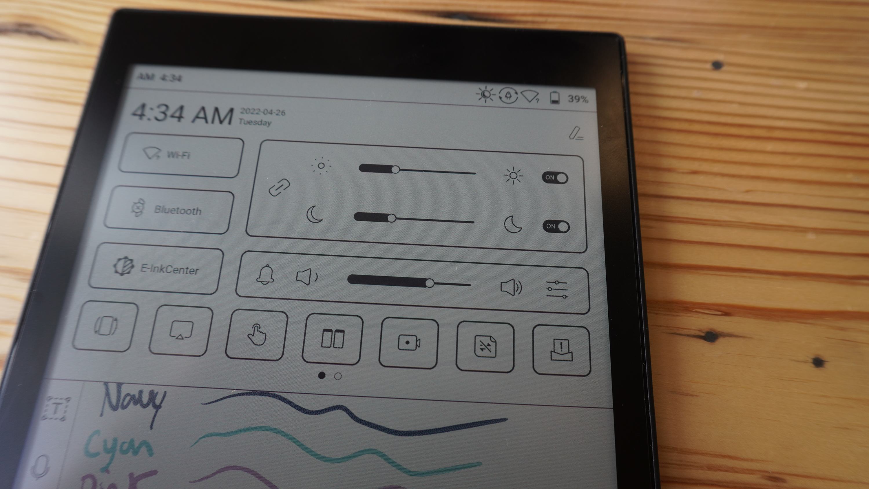 A settings screen on the Onyx Boox Nova Air C