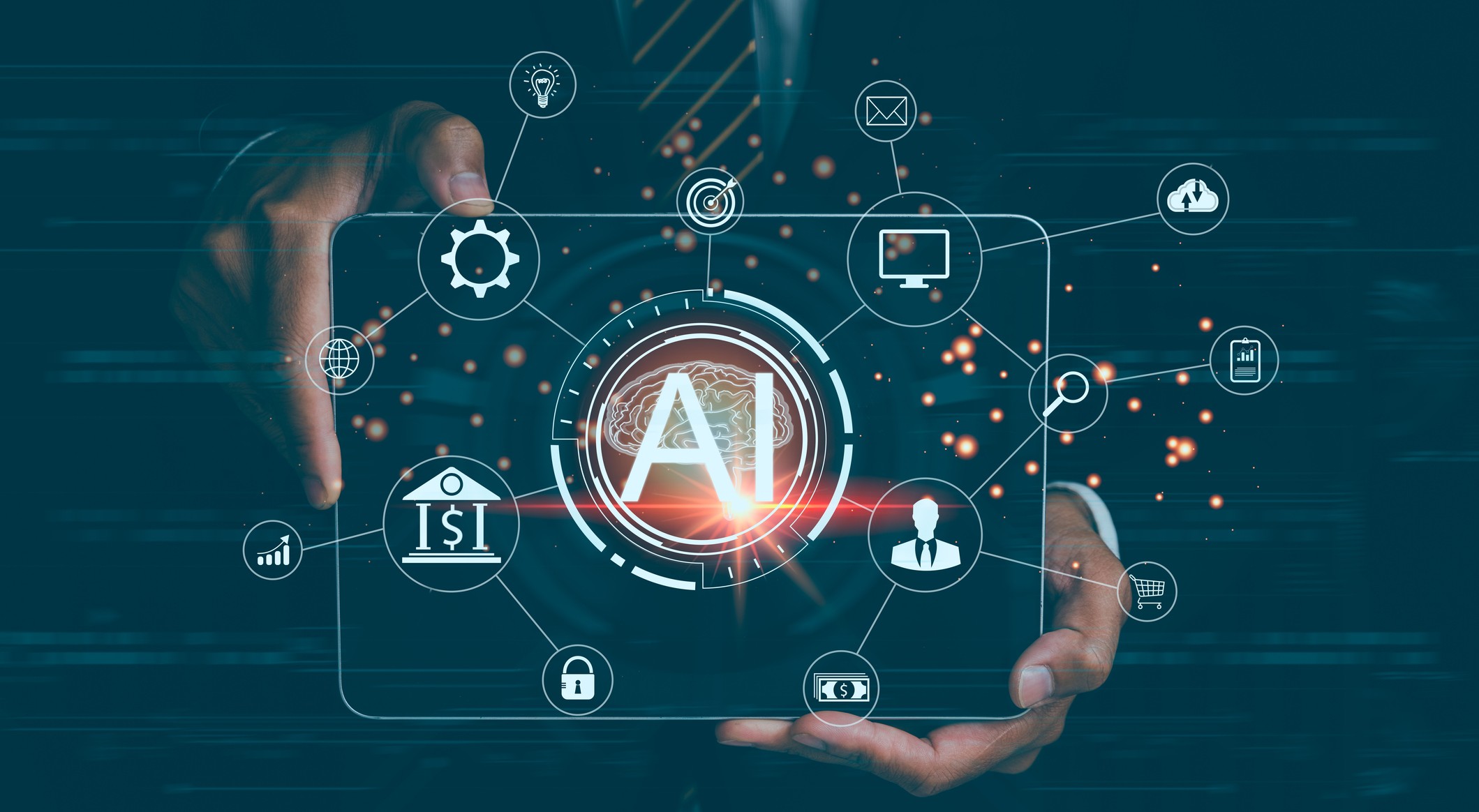 Hands typing on laptop beside tablet and smartphone, cloud and analytics overlays highlight technology, strategy and transformation powering business innovation with data insights - stock photo