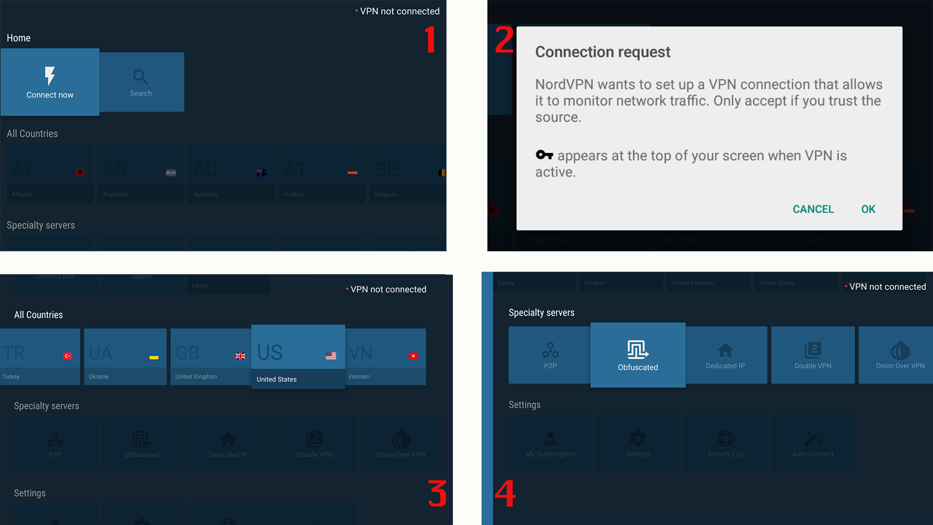 Selecting a server on NordVPN Amazon Fire Stick app
