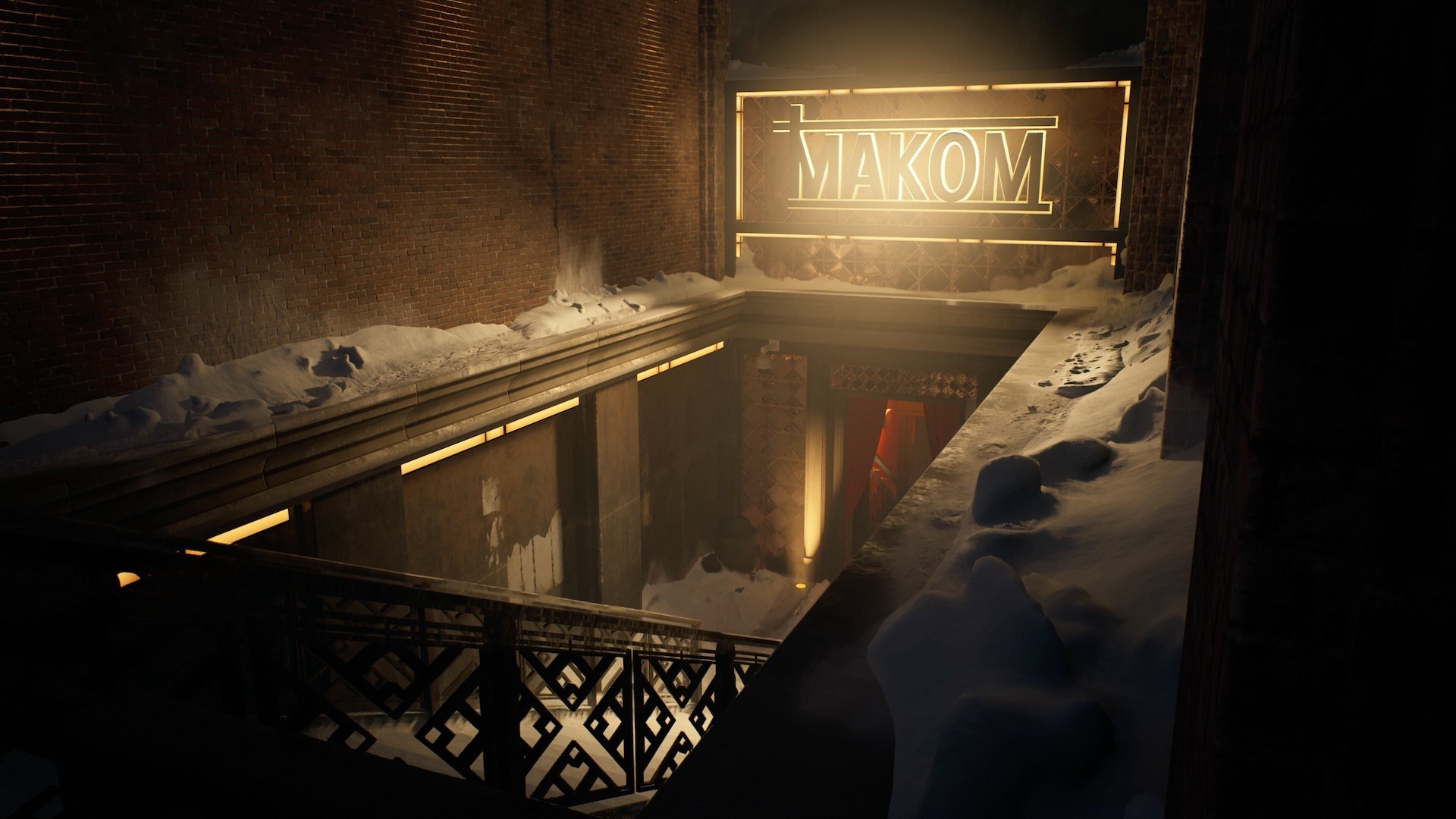 A shadowy alleyway is illuminated by a sign