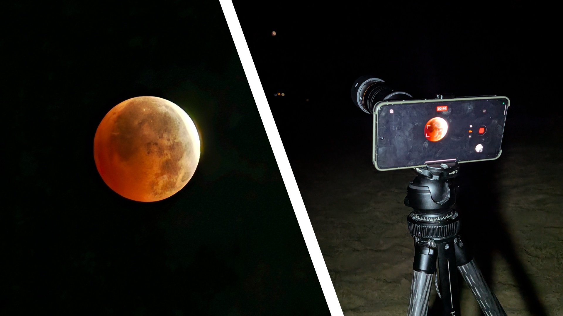 Closeup of the moon during the Lunar Eclipse 2026 (left), alongside an Oppo phone with teleconverter mounted a tripod, on a sandy beach at night, and the lunar eclipse is on the phone's screen