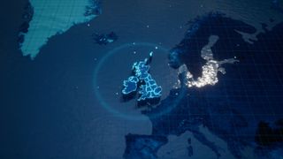 An abstract geometric futuristic concept three dimensional map of the United Kingdom with borders