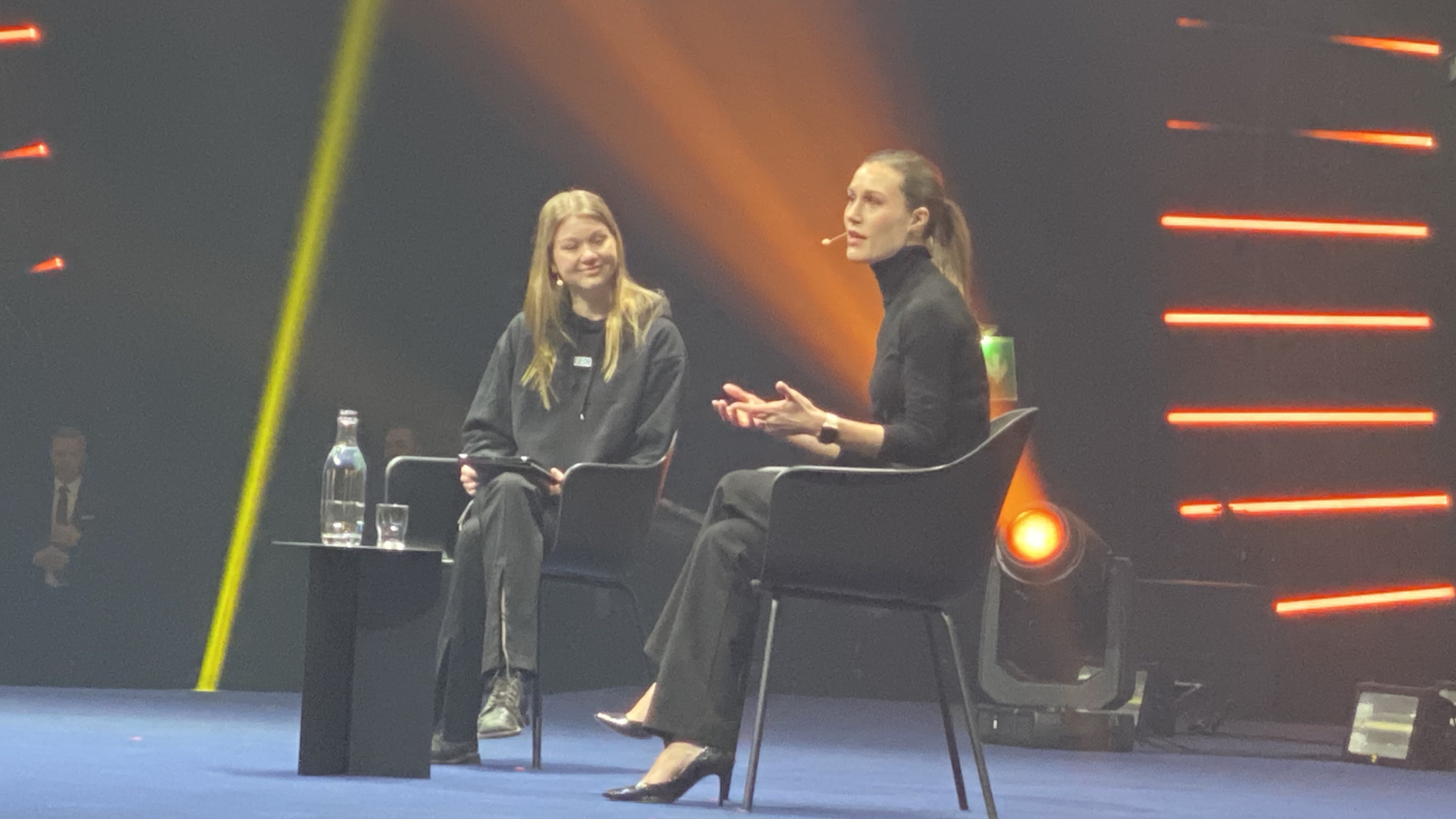 Prime Minister of Finland, Sanna Marin on the stage with Slush CEO, Eerika Savolainen