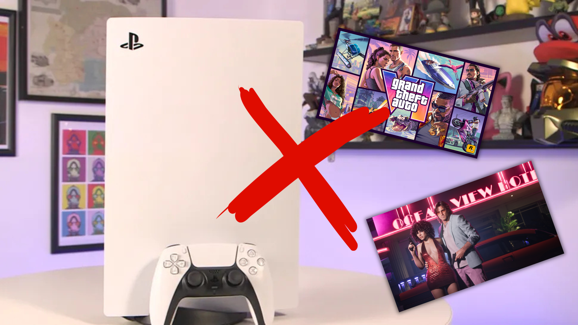 PS5 and GTA 6 art with a red cross