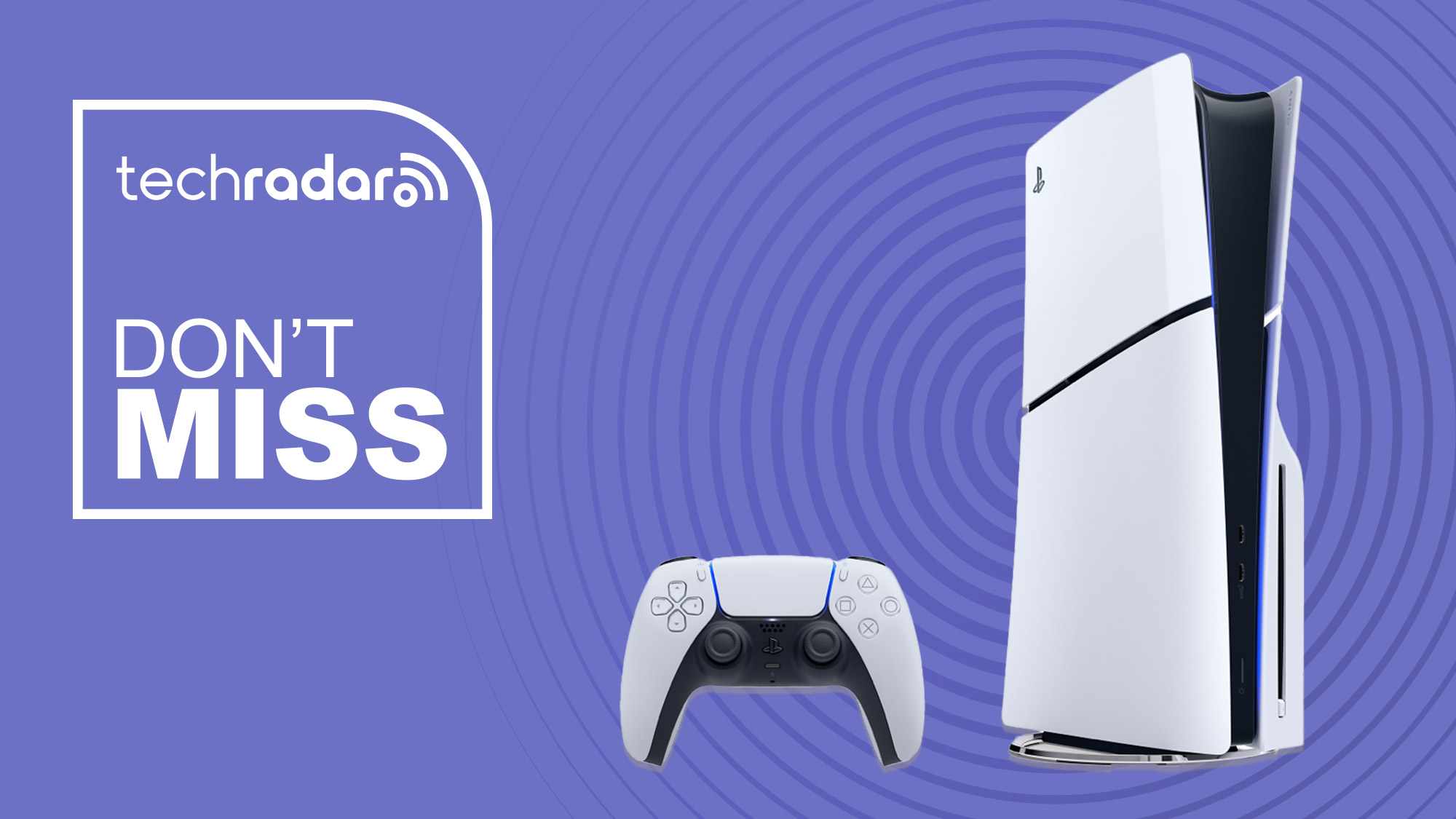 PS5 Slim on purple background with TechRadar logo and &amp;quot;Don't Miss&amp;quot; text